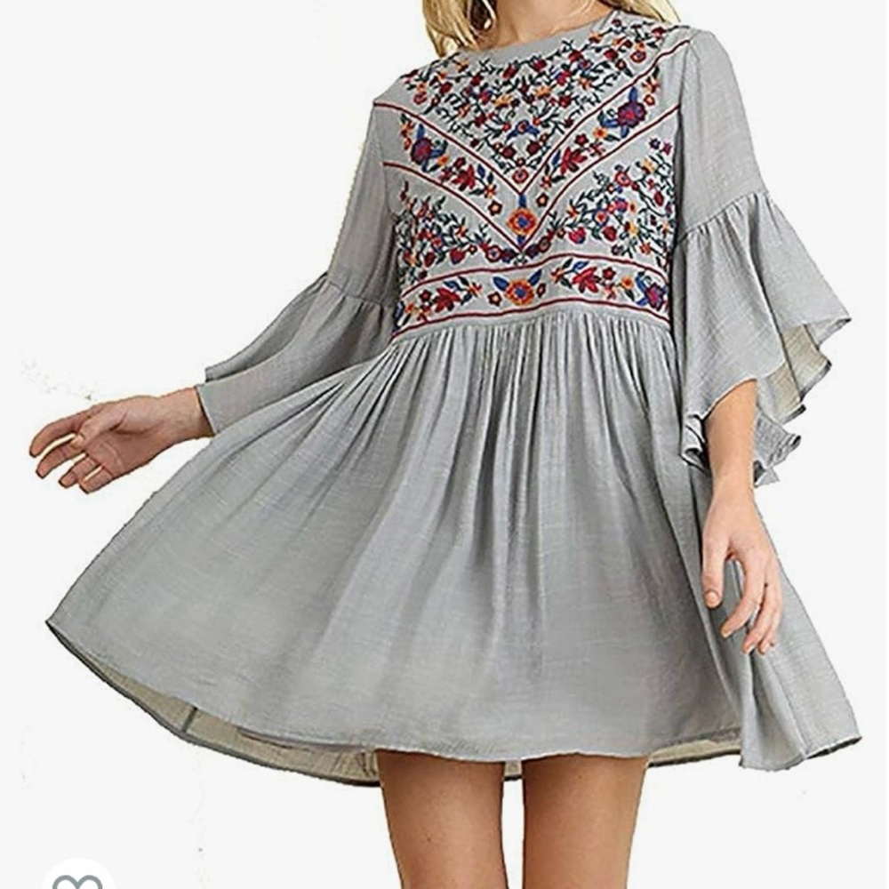 Umgee Boho Bliss Cool Grey Ruffled Sleeves Casual Embroidered Dress Size Medium